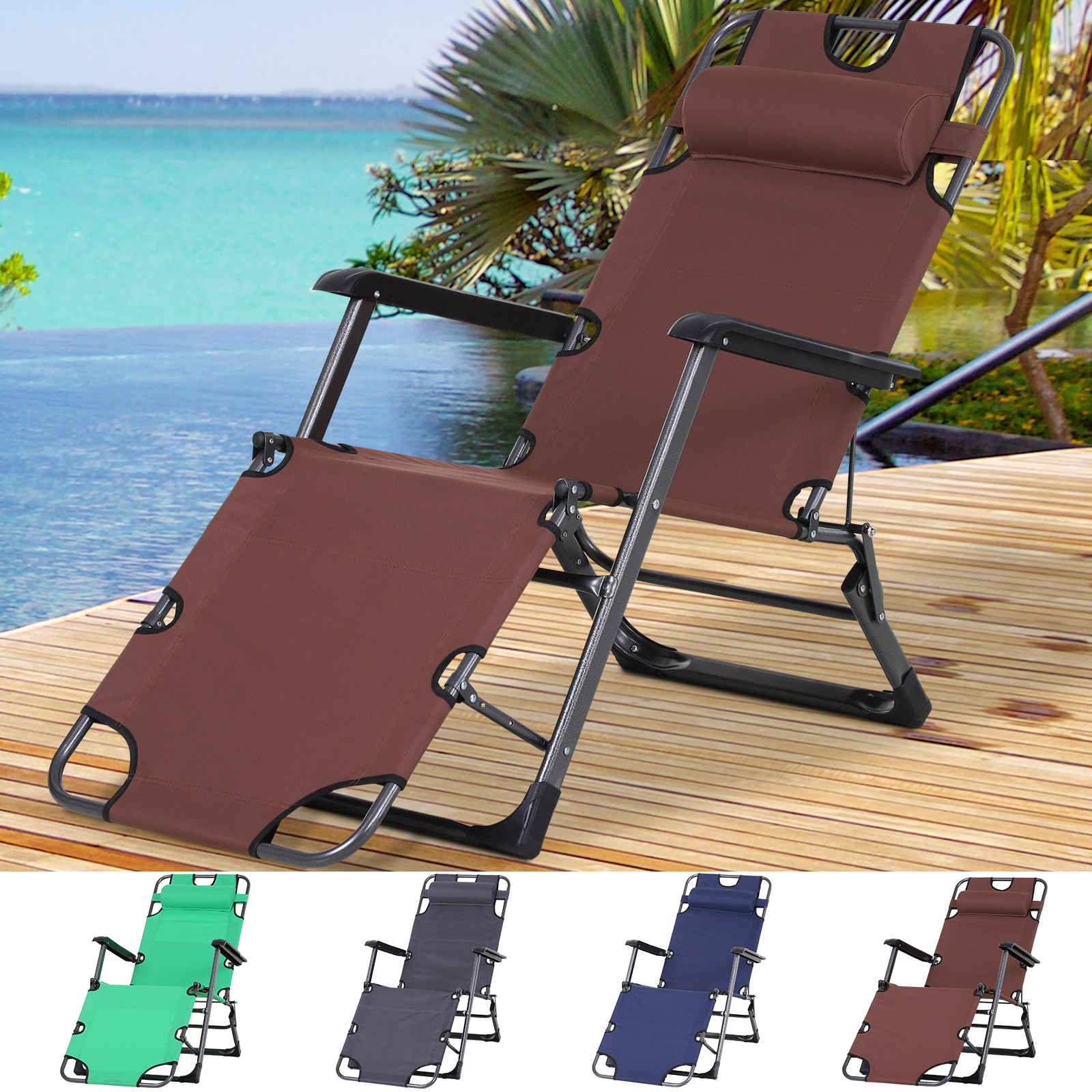 Oxford Fabric Metal Frame Outdoor Pool Sun Lounger Lounge Chair 120